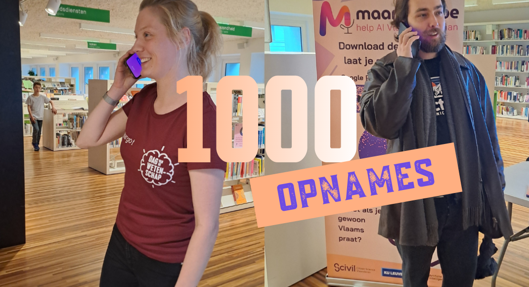 2 sprekers met een telefoon in hun hand die iets inspreken in de Maarallee-app. Voor de afbeelding staat een grafische tekst met "1000 opnames"